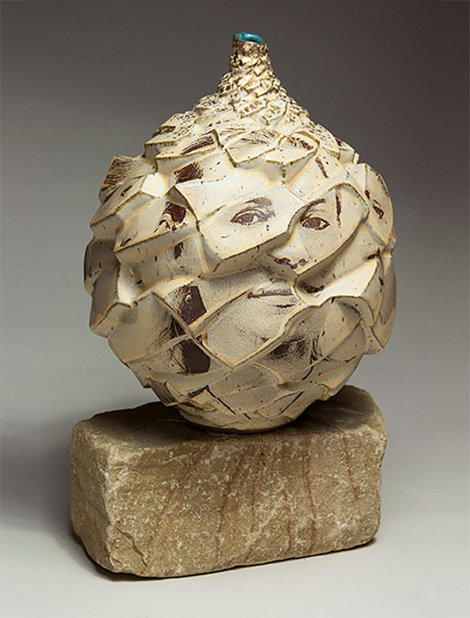 Refracted Journeys Portraits Sophie - Ceramic pot with face painted on it