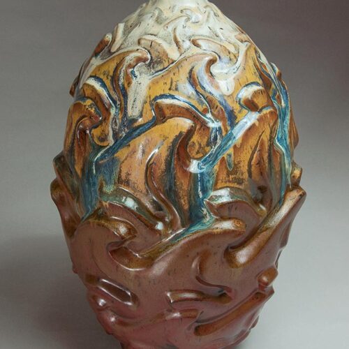 Fire - Rust Colored Ceramic Pot With Orange, Blue, And White Accents