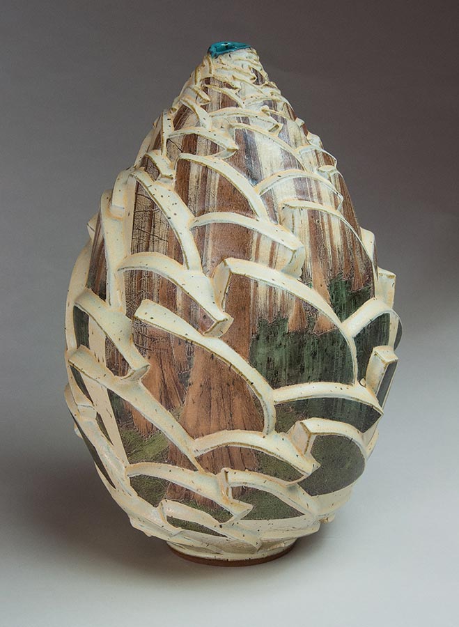 The Forest Within - Cream colored ceramic pot with forest painted on panels