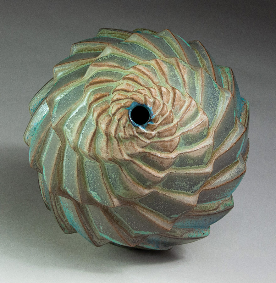 Terraced Luminecence - Textured green and blue ceramic pot