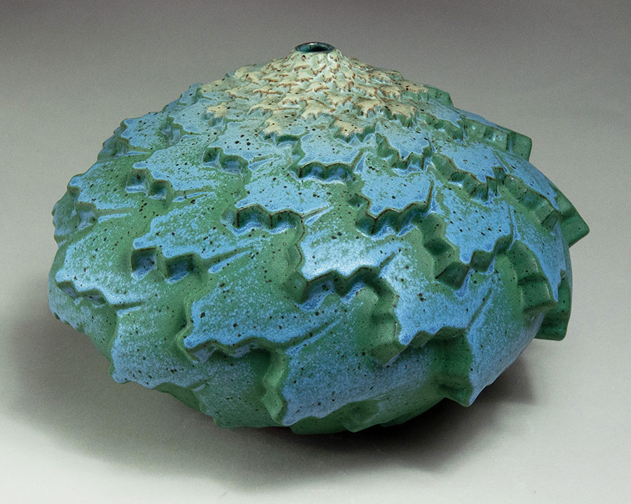 Rain Bands 2 - Textured blue and green ceramic pot