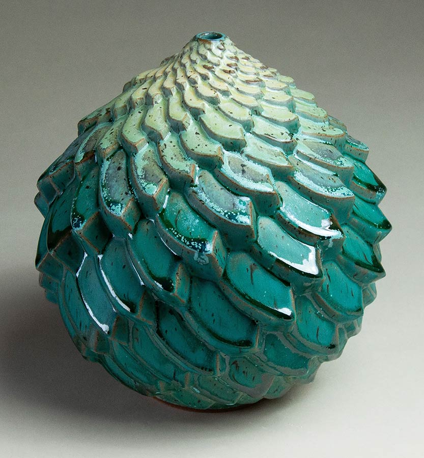 Imbricated Flow - Textured turquoise ceramic pot