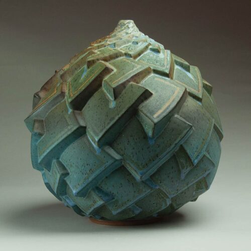 Angular Velocity - Scaled Texture In Blue, Green, And Orange Ceramic Pot