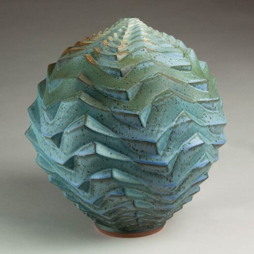 Echo Steps - Tiered texture in blue, green, and orange ceramic pot