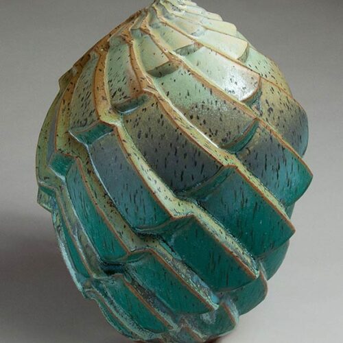 Terraced in Green 2 - Textured turquoise and rust ceramic pot