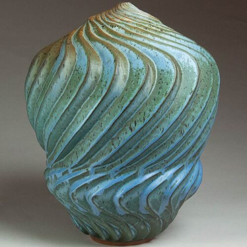Whirlwind - Wavy blue, green, and orange ceramic pot